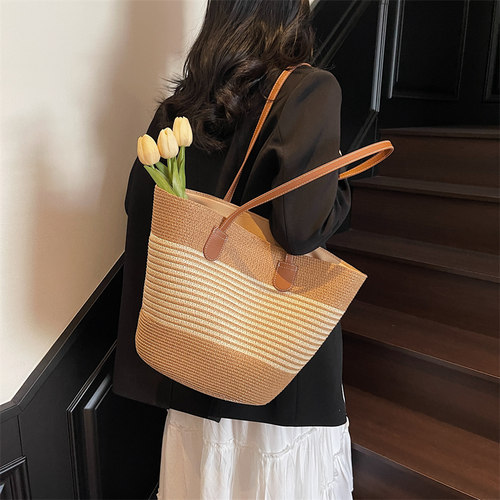 撞色单肩包海边度假草编托特包