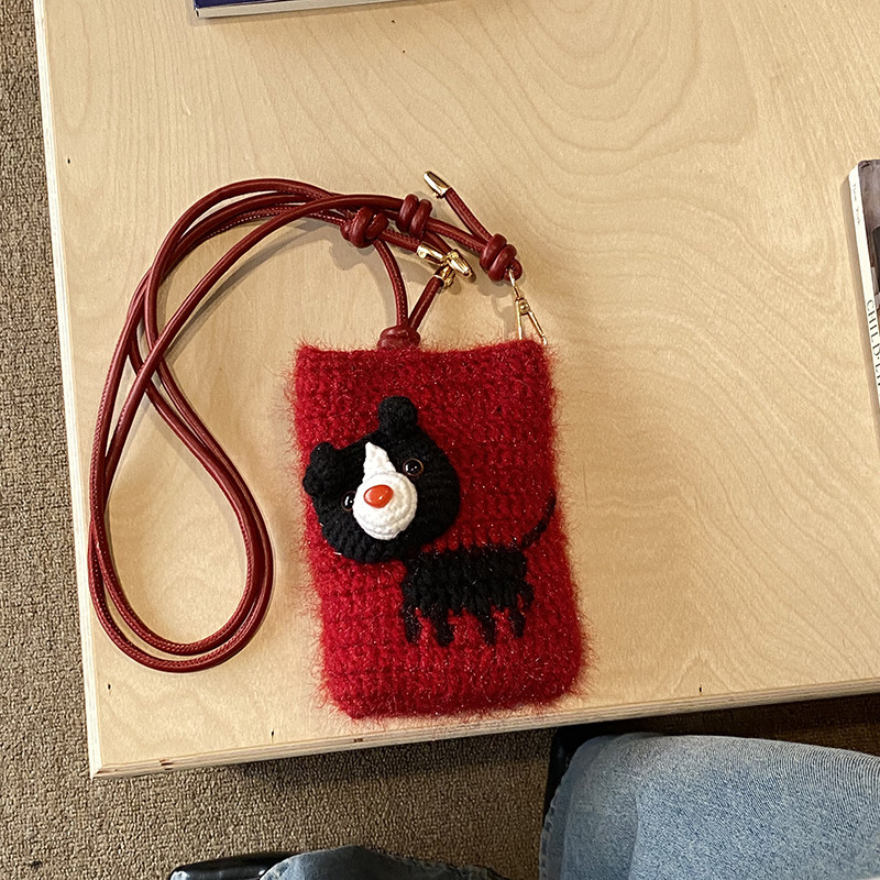 竖款手机包女斜挎迷你小包高级感毛线编织单肩包2026新款时尚超火