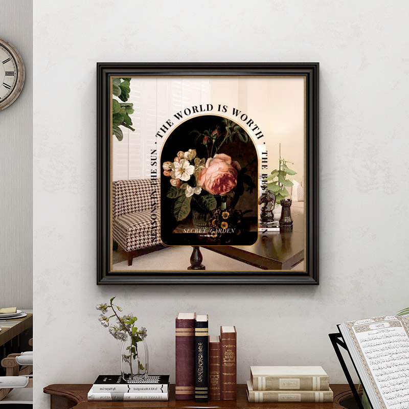 法式复古墙面镜子装饰画美式玄关挂画花卉创意壁画卧室镜面摆件