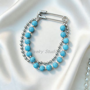 博主同款绿松石珍珠别针项链女小圆珠双层链条手链个性小众风质感