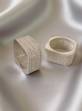 欧美几何方形戒指女宽面重工艺个性食指戒轻奢时尚银色指环高级感