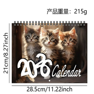 可爱猫时尚 跨境新款 个月螺旋日历 猫挂历 2026年Kitty猫日历