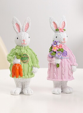 跨境 复活节装饰品 ins北欧风毛衣兔子树脂摆件 派对家居装饰礼物