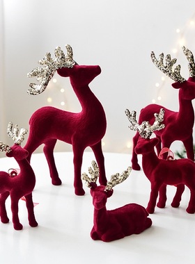 NUCHI圣诞节装饰麋鹿桌面摆件圣诞树装饰挂饰闪粉酒红植绒鹿挂件