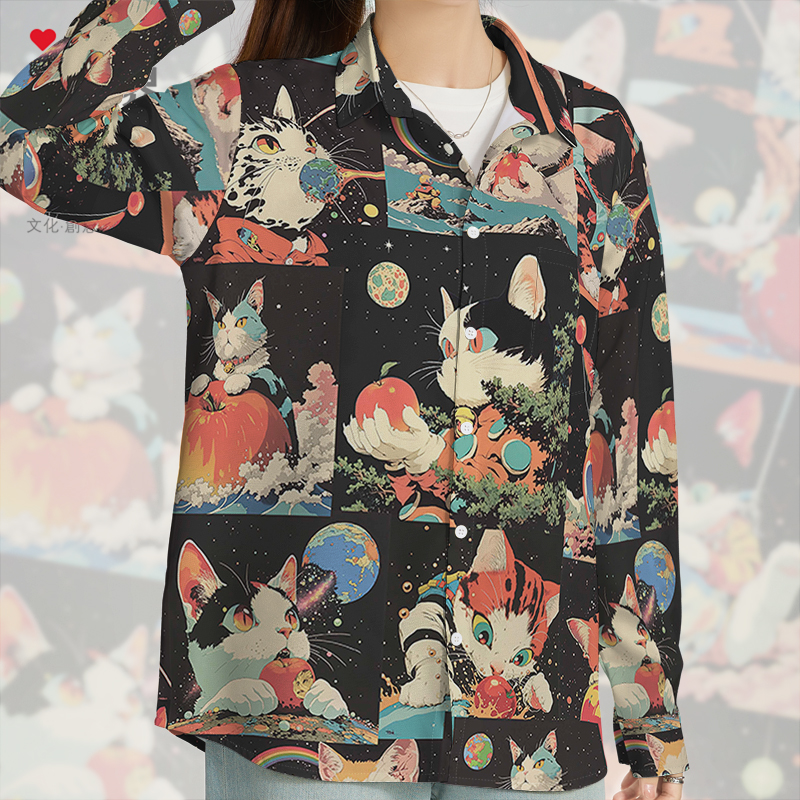 日系童趣宇宙星球猫咪爱吃苹衬衫