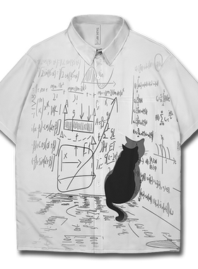 黑板数学公式黑猫咪墙角短袖衬衫
