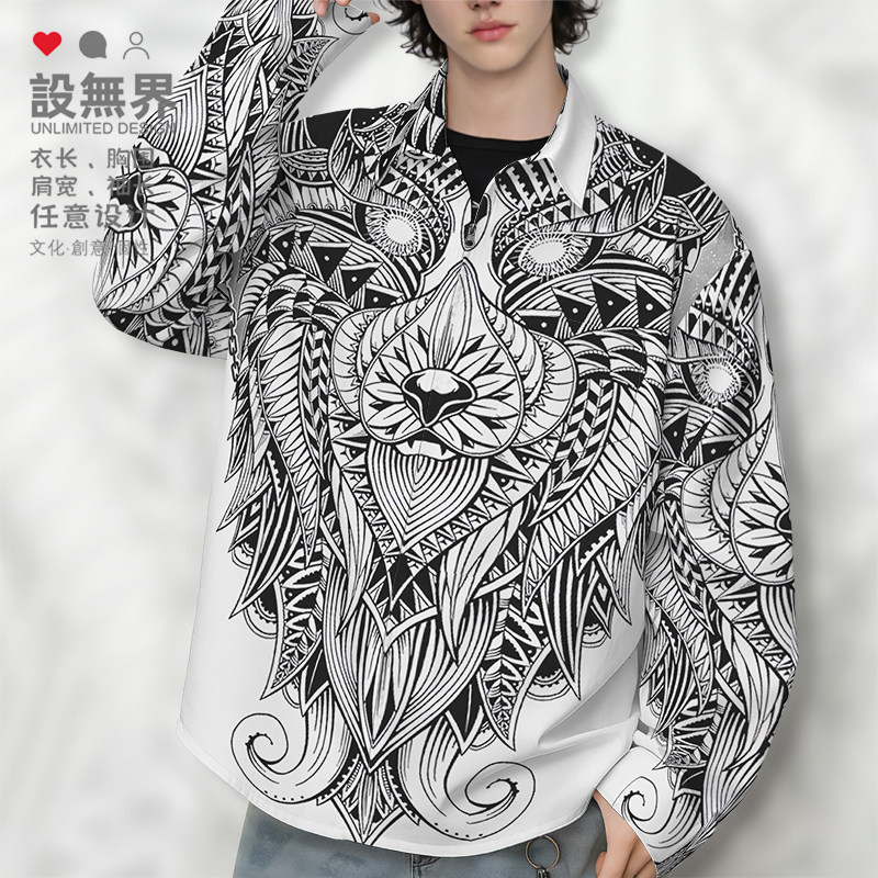 狂野精神手绘狮子头威武霸气复古大码长袖衬衫男女装外套设 无界