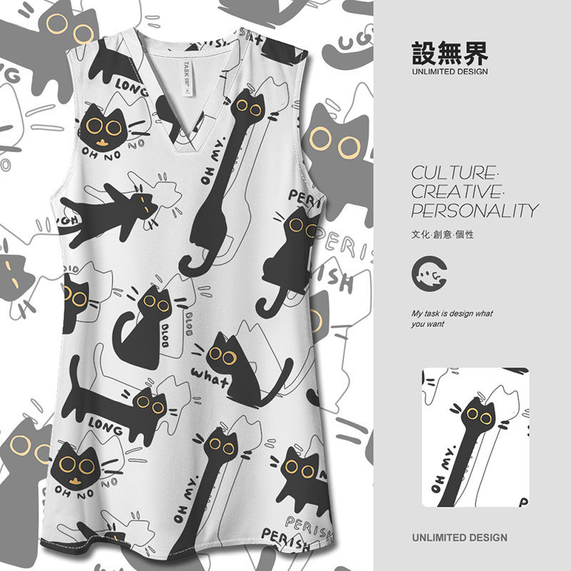 日系慵懒黑猫家族猫咪搞怪满印POLO领连衣裙裙子显瘦0017设 无界