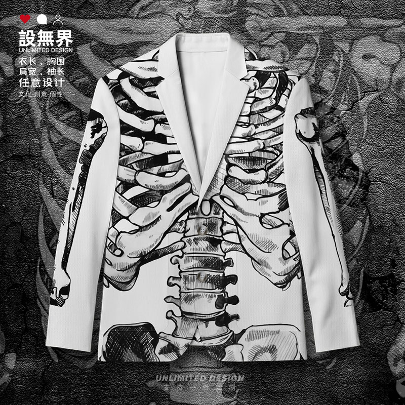 人体骷髅黑暗骨头手绘插画西装外套男女创意原宿风夏000A设 无界