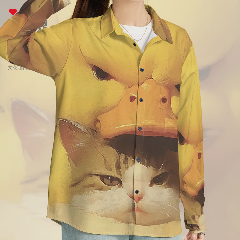 可爱生气表情猫咪鸭子小长袖衬衫