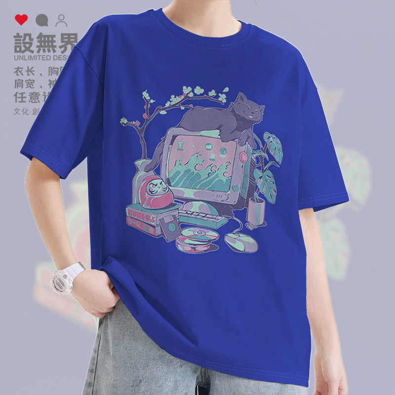 日系复古电脑游戏碟片猫咪宠物插画短袖T恤男女印花短t夏设 无界
