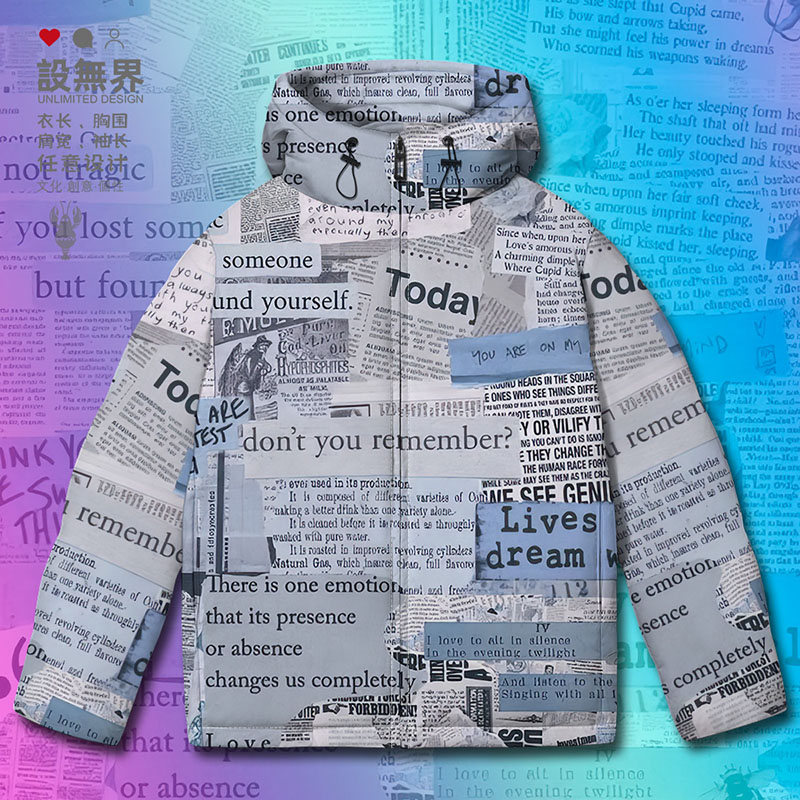 创意有趣报纸便签风格小众羽绒服