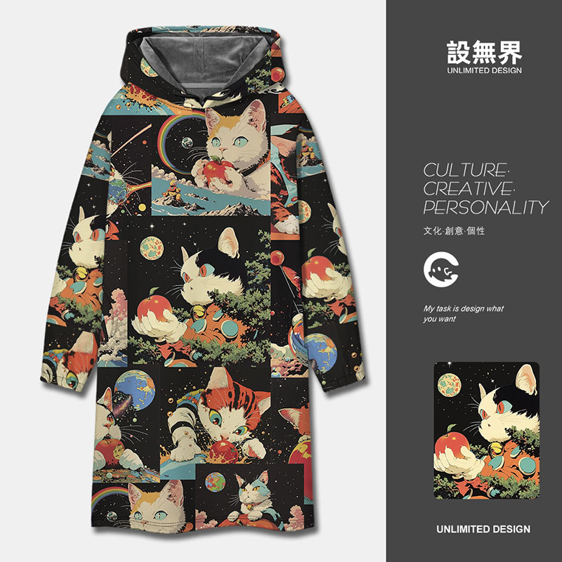 日系童趣宇宙星球猫咪爱吃卫衣裙