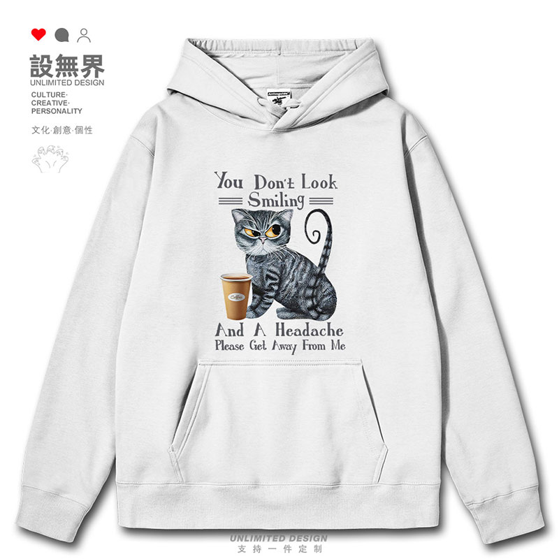工作咖啡搞怪猫咪英文卡通图案连帽卫衣男女个性衣服0015设 无界
