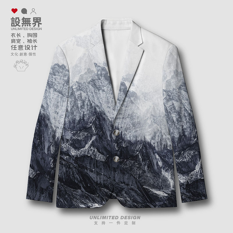 国潮雪山印花西装外套男休闲西装