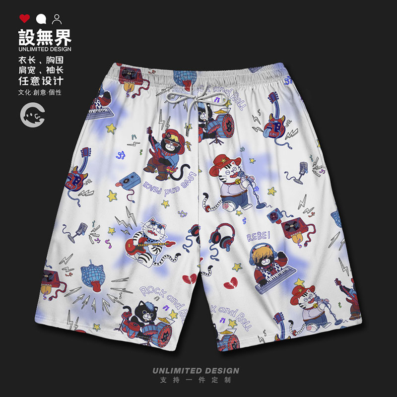 原创美式复古猫咪摇滚乐队卡短裤