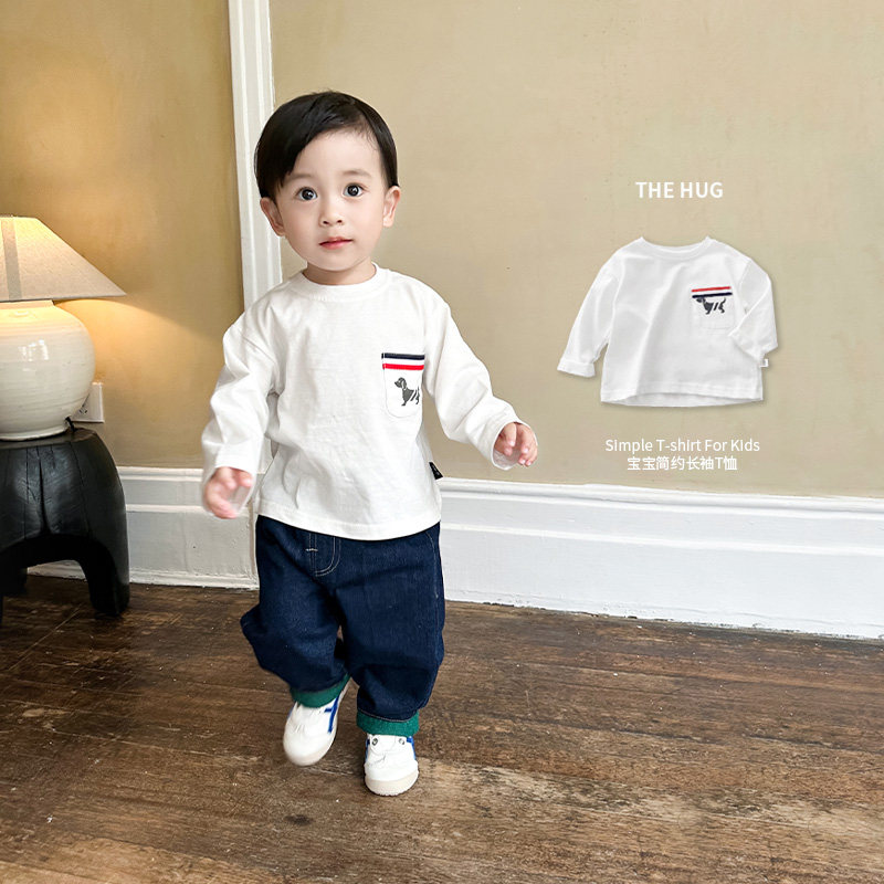 小童口袋T恤男童秋款圆领长袖白色上衣简约风纯棉打底衫小卡通标,童装/婴儿装/亲子装,T恤,淘宝优惠券,粉丝福利购,淘宝优惠卷