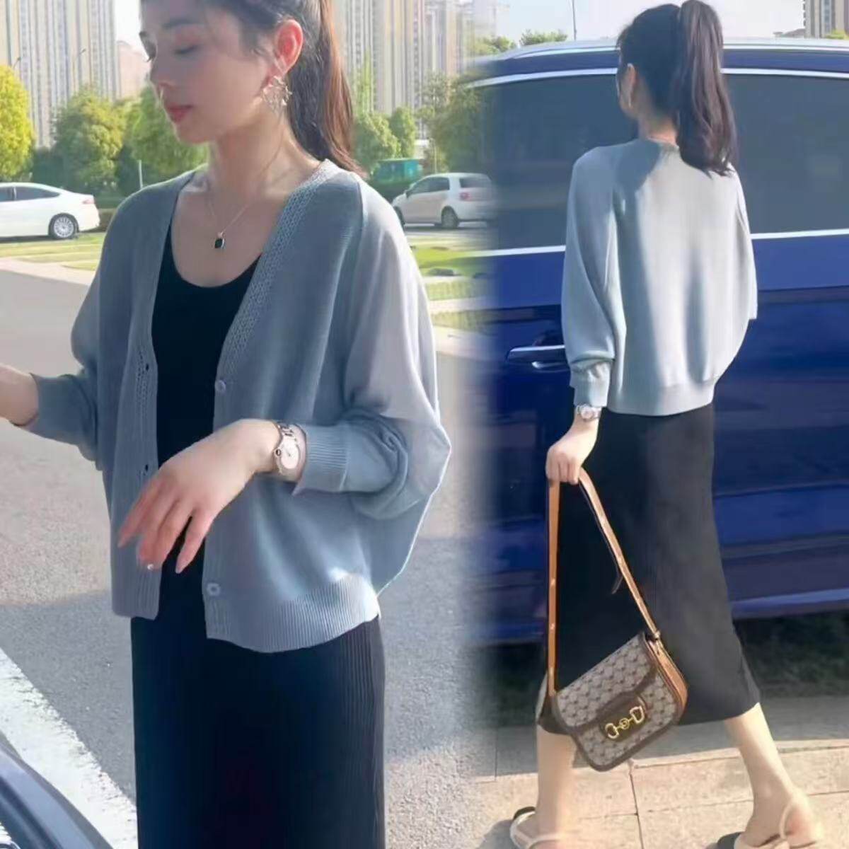 防晒冰丝针织开衫薄款女夏吊带连衣裙外搭披肩罩衫小个子短款上衣