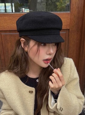 自留款~复古黑色羊毛海军八角帽女新款贝雷帽秋冬英伦平顶画家帽