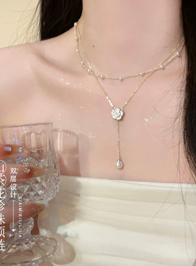 山茶花双层珍珠项链女夏轻奢感小众设计脖颈链气质流苏锁骨链