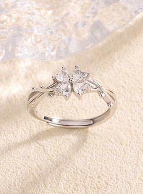 开口戒指s999纯银荆棘花朵戒指女轻奢感小众时尚四叶草指环小红书