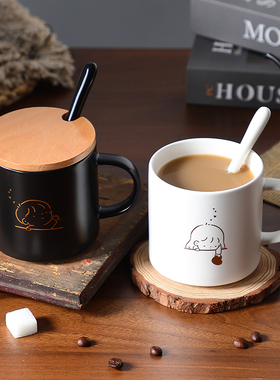 创意哑光陶瓷水杯卡通男女黑色情侣杯简约马克杯带盖勺咖啡杯礼品