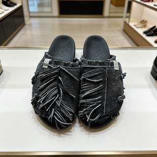 visvim夏季真皮雪花绒长毛一字拖鞋厚底防臭复古流苏拖鞋男女