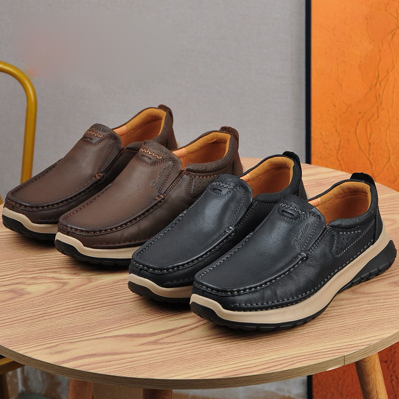 外贸男鞋一脚蹬厚底轻便减震休闲皮鞋男士真皮中老年宽头乐福鞋子