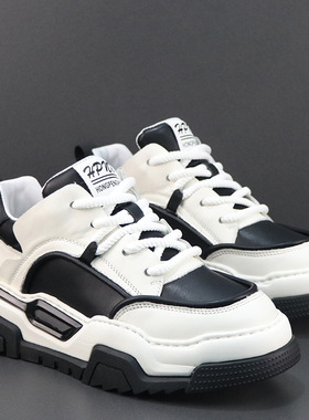 真皮运动鞋男头层牛皮欧洲站潮流小众高级感板鞋厚底轻便休闲男鞋