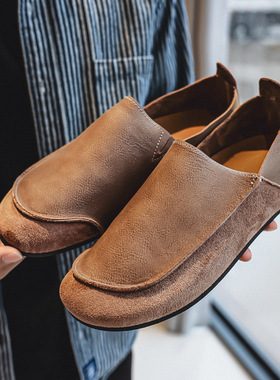 男士新款百搭软底豆豆鞋平底一脚蹬勃肯鞋时尚休闲乐福鞋通勤皮鞋