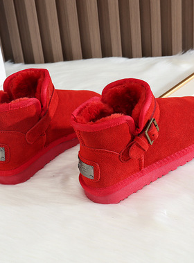 本命年红色加绒加厚保暖棉鞋短筒侧搭扣一脚蹬防滑雪地靴冬季款