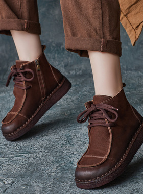 英伦风2024秋冬新款手工圆头牛皮软底马丁靴女侧拉链短靴高帮