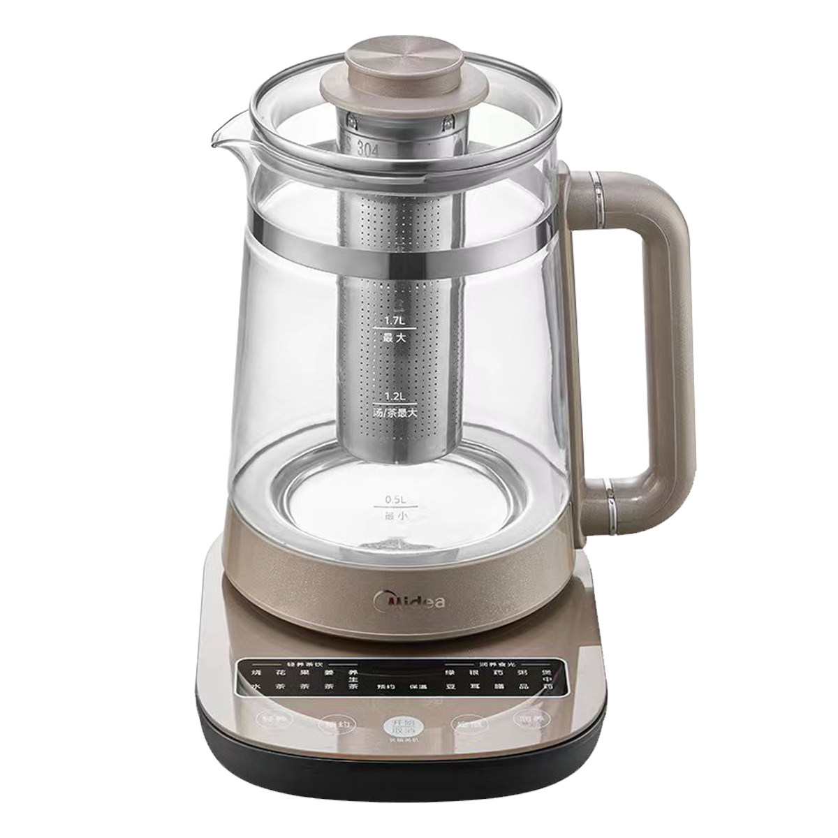 美的养生壶家用多功能1.7L容量316不锈钢内胆钢化玻璃面板煮茶壶