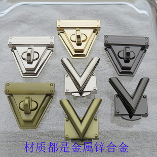 三角女包皮具V字按钮锁扣箱包五金配件拧锁青古铜色黑色银白金色