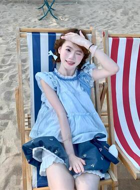 sinsingirl 蓝贝眠眠 巨好看的夏装一整套刺绣贝壳蓝色套装两件套