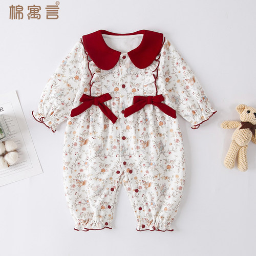 婴儿春秋衣服外出哈衣纯棉碎花连体衣女宝宝可爱超萌长袖公主爬服