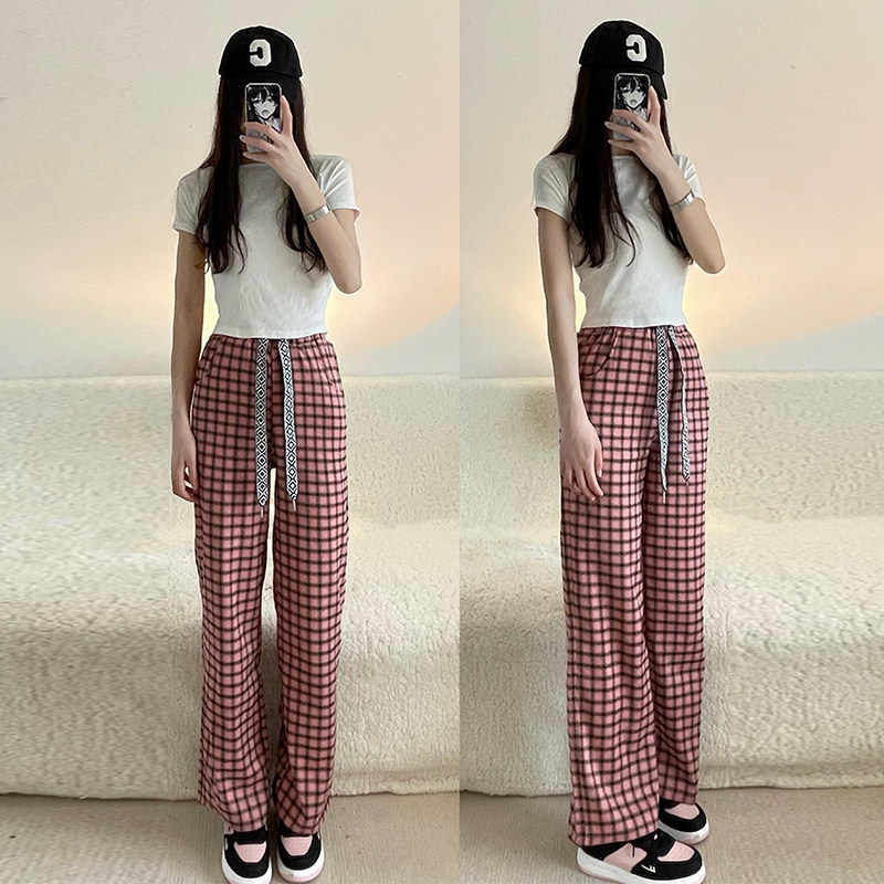 百搭抽绳阔腿格子裤女春夏季粉色高腰垂感宽松显瘦拖地休闲长裤