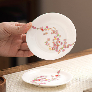 羊脂玉白瓷茶杯托承垫茶道配件芳菲四月桃花国风圆形小碟子精致