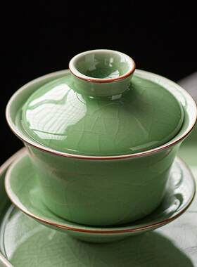 冰裂釉青瓷高温翡翠绿开片泡茶碗