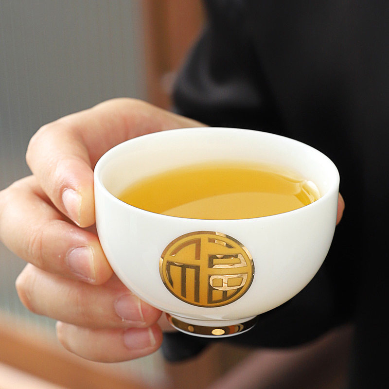 描金福字品茗杯羊脂玉瓷白瓷小茶杯客杯功夫茶具单杯单个主人杯