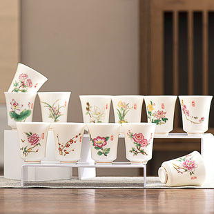 德化玉白瓷十二花神功夫喝茶杯碗主人高颜值玉兰品茗个人专用酒杯