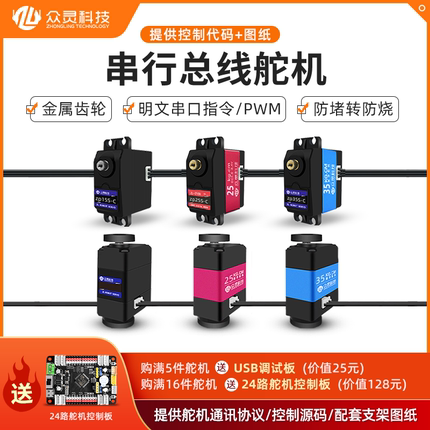 众灵串行总线舵机大扭力兼容PWM防堵转数字机器人机械臂双轴金属