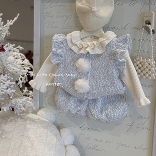 三小朵2902【冰雪魔法】婴幼儿女宝宝可爱毛茸茸蓝色马甲+裤子套