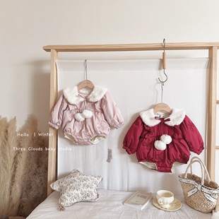 三小朵2241婴儿冬装女宝宝衣服冬季甜美连体加厚夹棉服周岁哈衣