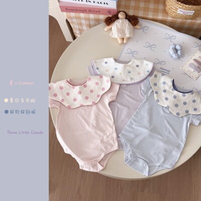 三小朵3093【奶皮子+口水巾】夏季婴幼儿精致哈衣口水巾套装旗袍