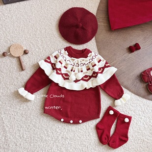 三小朵2930【童话小镇】女宝宝婴幼儿针织哈衣暖气房新年可爱哈衣