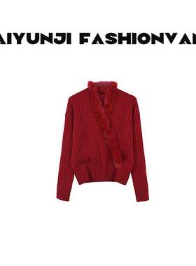 【XINMO买手店】秋冬毛毛交叉V领螺纹下摆羊毛针织上衣C12112501