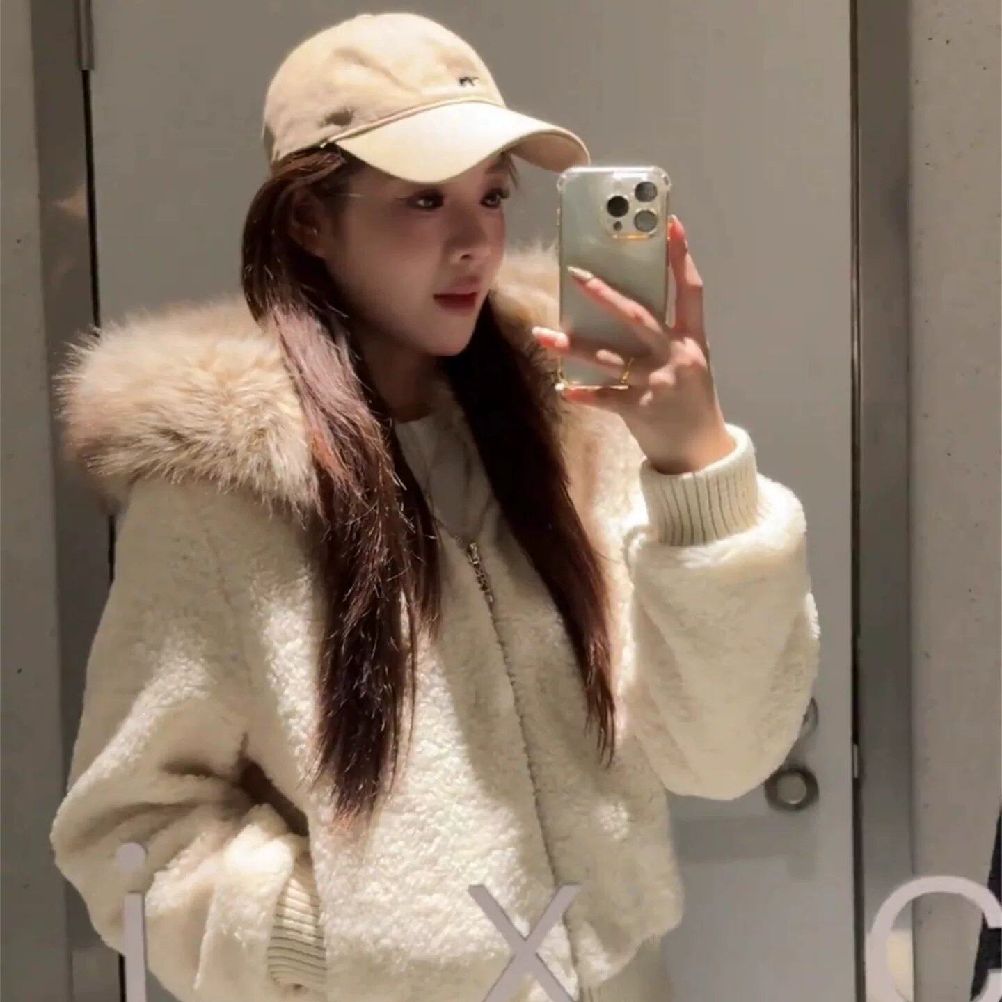 羊羔毛加绒毛领棉服女小个子冬新款慵懒风宽松短款棉衣外套棉袄女