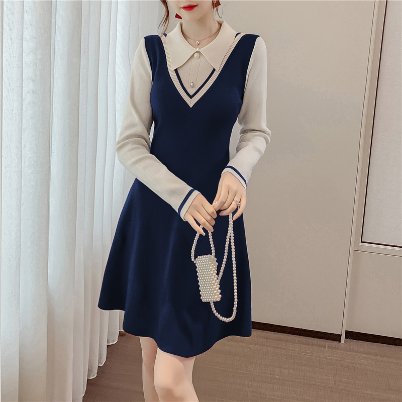韩国衬衫领假两件红色针织连衣裙女秋冬内搭打底裙洋气拼接毛衣裙