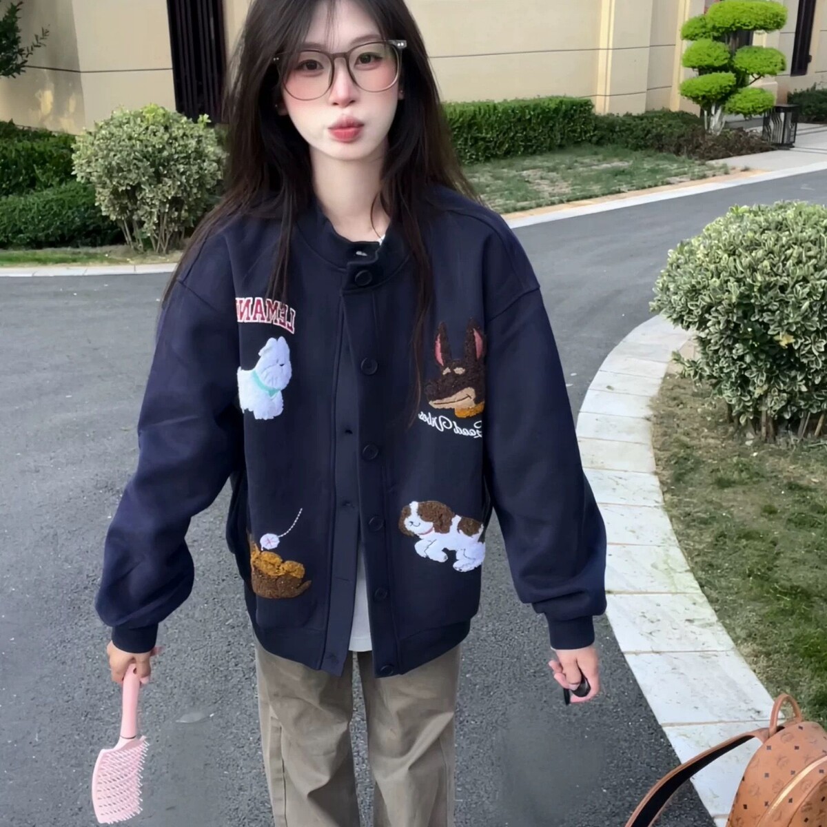 美式复古小狗毛巾刺绣开衫外套男女ins秋冬新款百搭情侣宽松卫衣